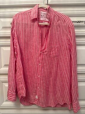 Frank & Eileen Pink and White Striped Linen Button-Up Blouse